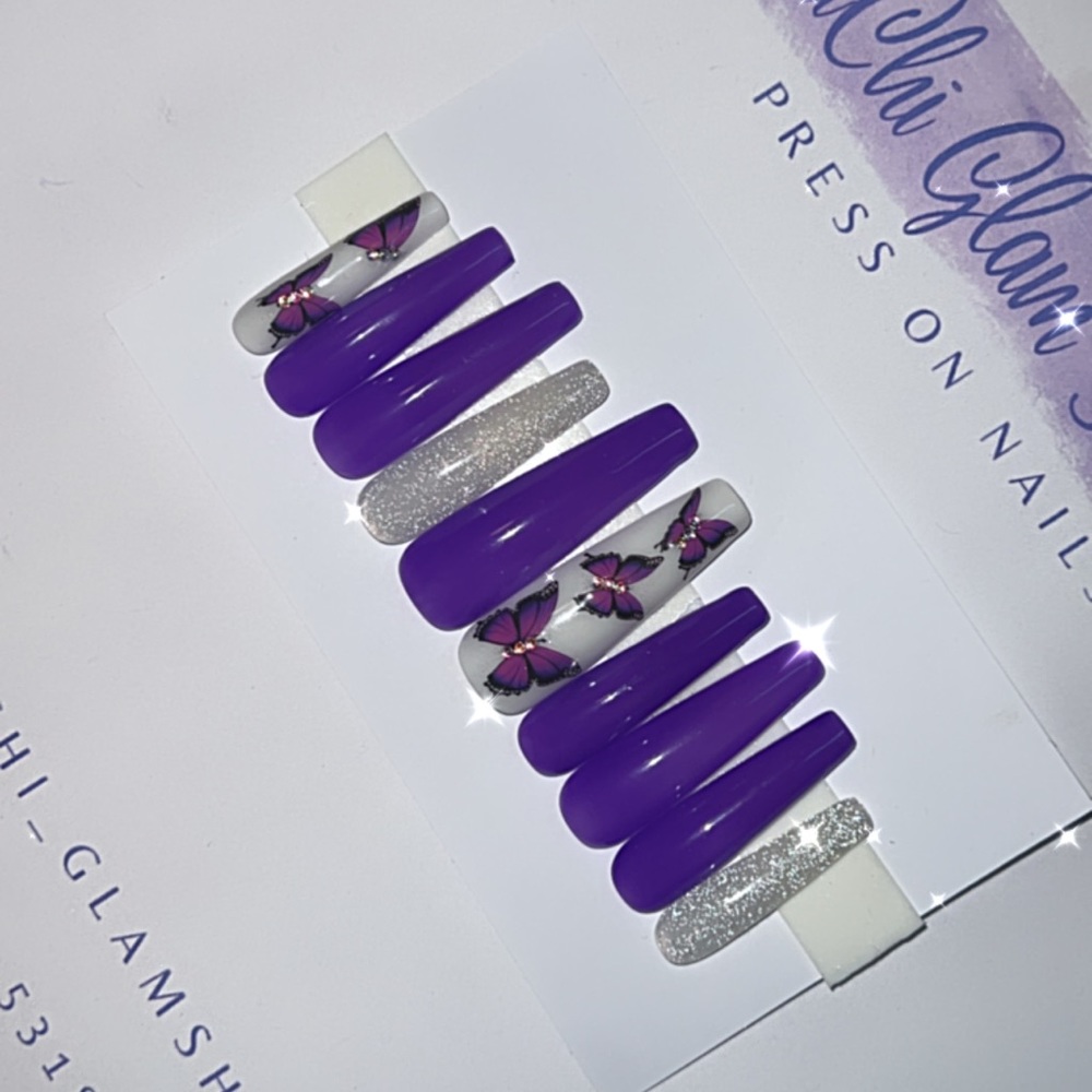 Purple & white butterfly nails